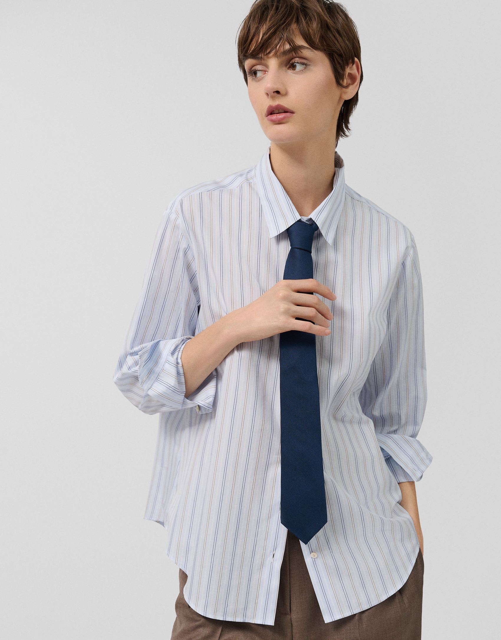 White cotton shirt with blue and gray stripes