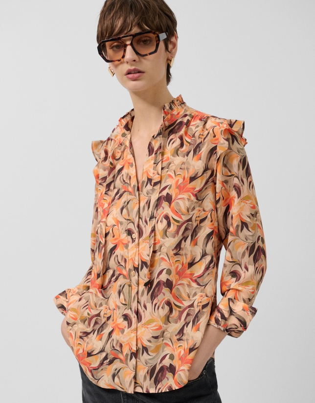 Blusa con volantes gasa estampado floral naranja