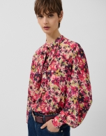Blouse with ruffles on the chest and eggplant floral print