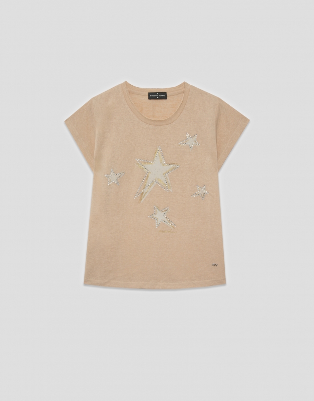 Camiseta punto ligero cámel con estrellas