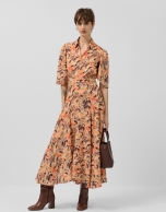 Orange floral print chiffon ruffle sleeve dress