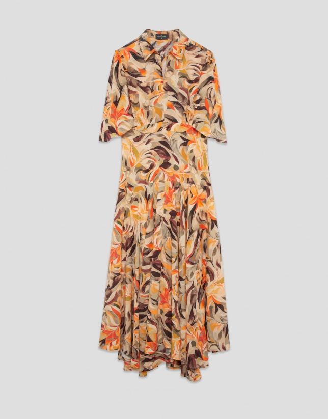 Orange floral print chiffon ruffle sleeve dress