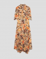 Orange floral print chiffon ruffle sleeve dress