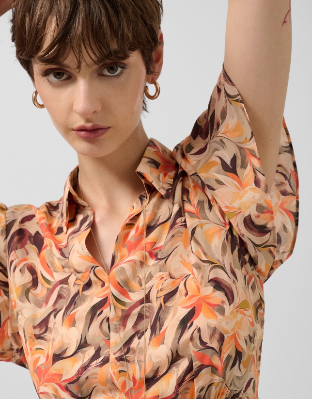 Orange floral print chiffon ruffle sleeve dress