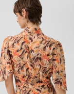 Orange floral print chiffon ruffle sleeve dress