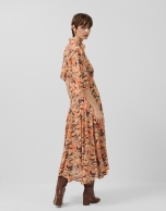 Orange floral print chiffon ruffle sleeve dress