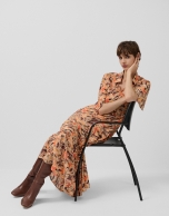 Orange floral print chiffon ruffle sleeve dress