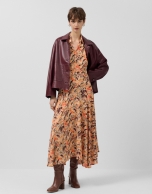 Orange floral print chiffon ruffle sleeve dress