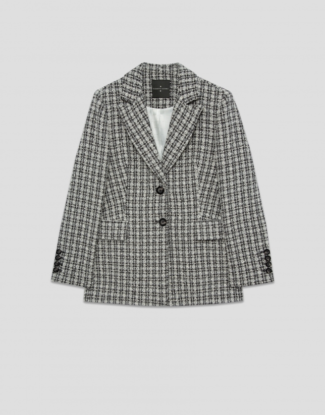 Chaqueta corta tweed blanco y negro hilos dorados