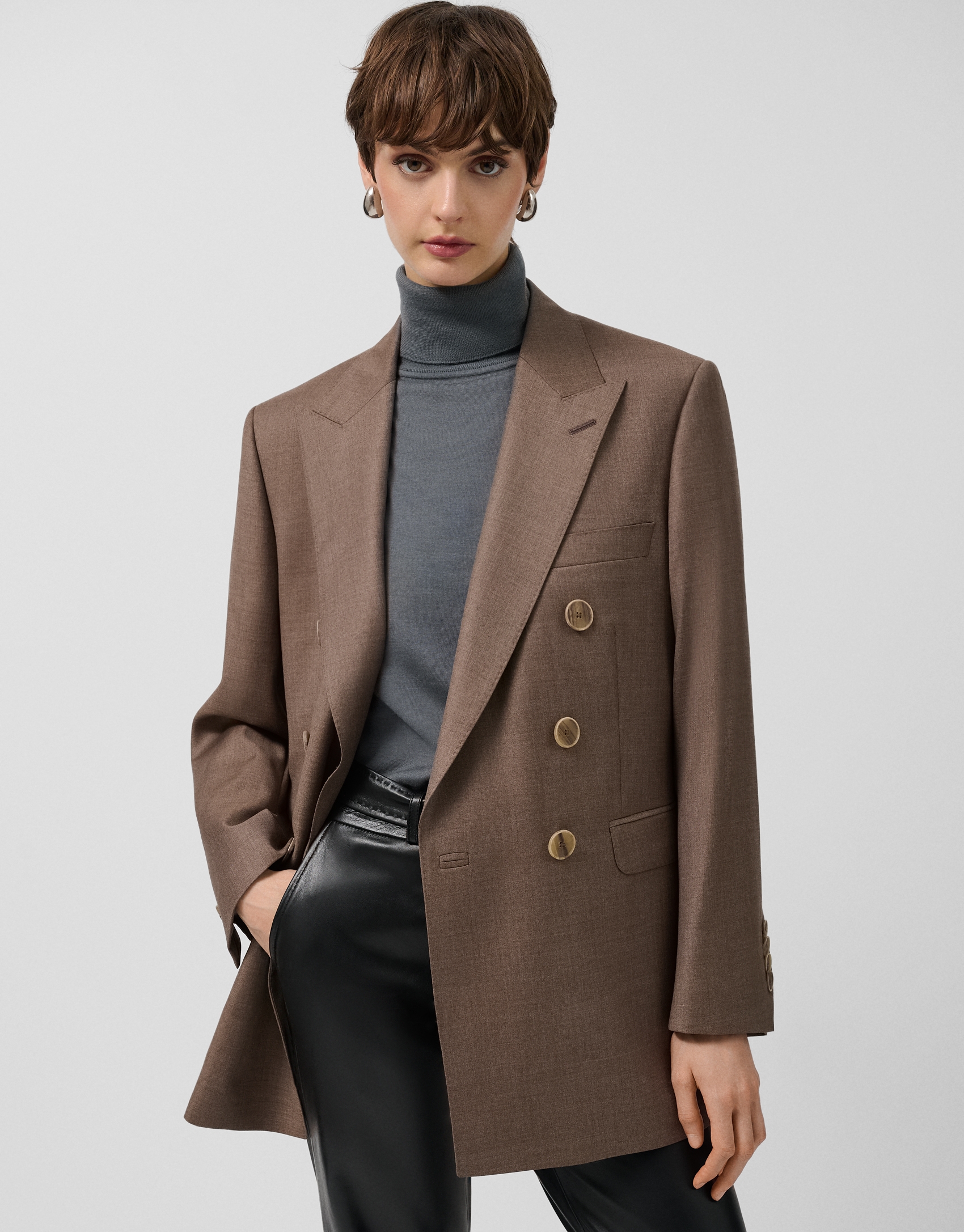 Double-breasted blazer in cool, toasted-brown wool