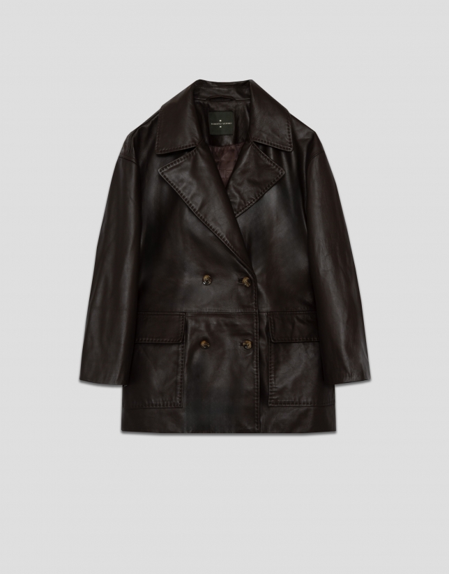 Brown napa double-breasted jacket with pockets