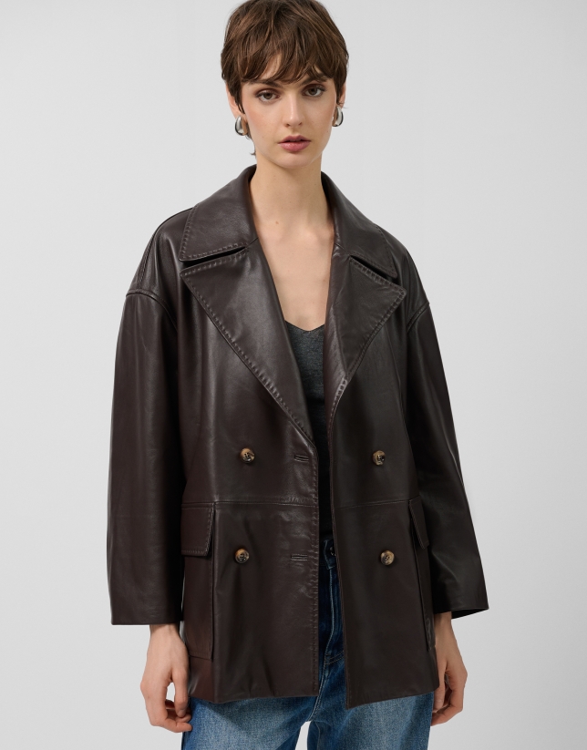 Brown napa double-breasted jacket with pockets