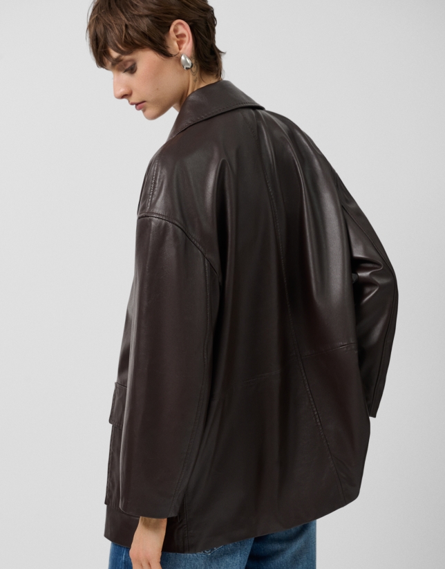 Brown napa double-breasted jacket with pockets