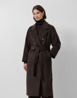 Long double-breasted coat in light brown cloth