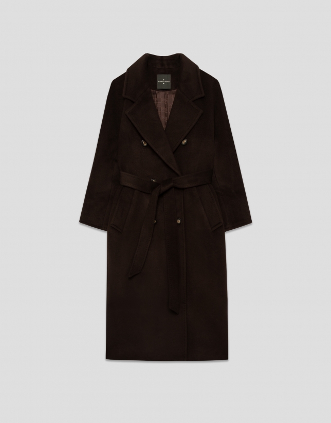 Long double-breasted coat in light brown cloth