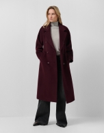 Long double-breasted coat in eggplant cloth