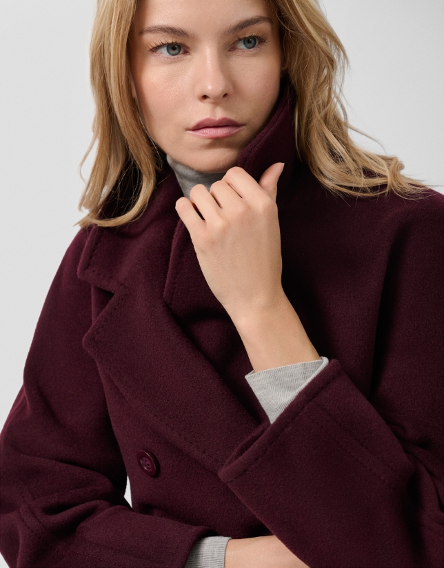 Long double-breasted coat in eggplant cloth