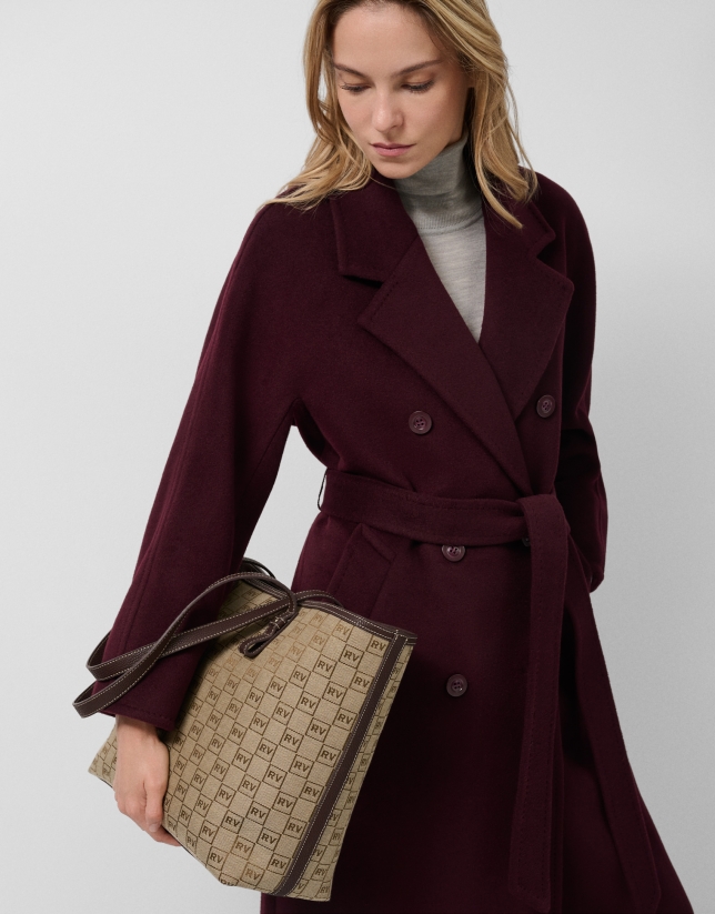 Long double-breasted coat in eggplant cloth