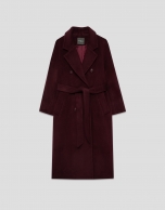 Long double-breasted coat in eggplant cloth
