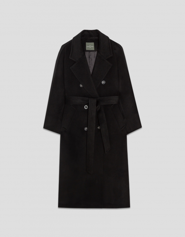 Long double-breasted coat in black cloth.