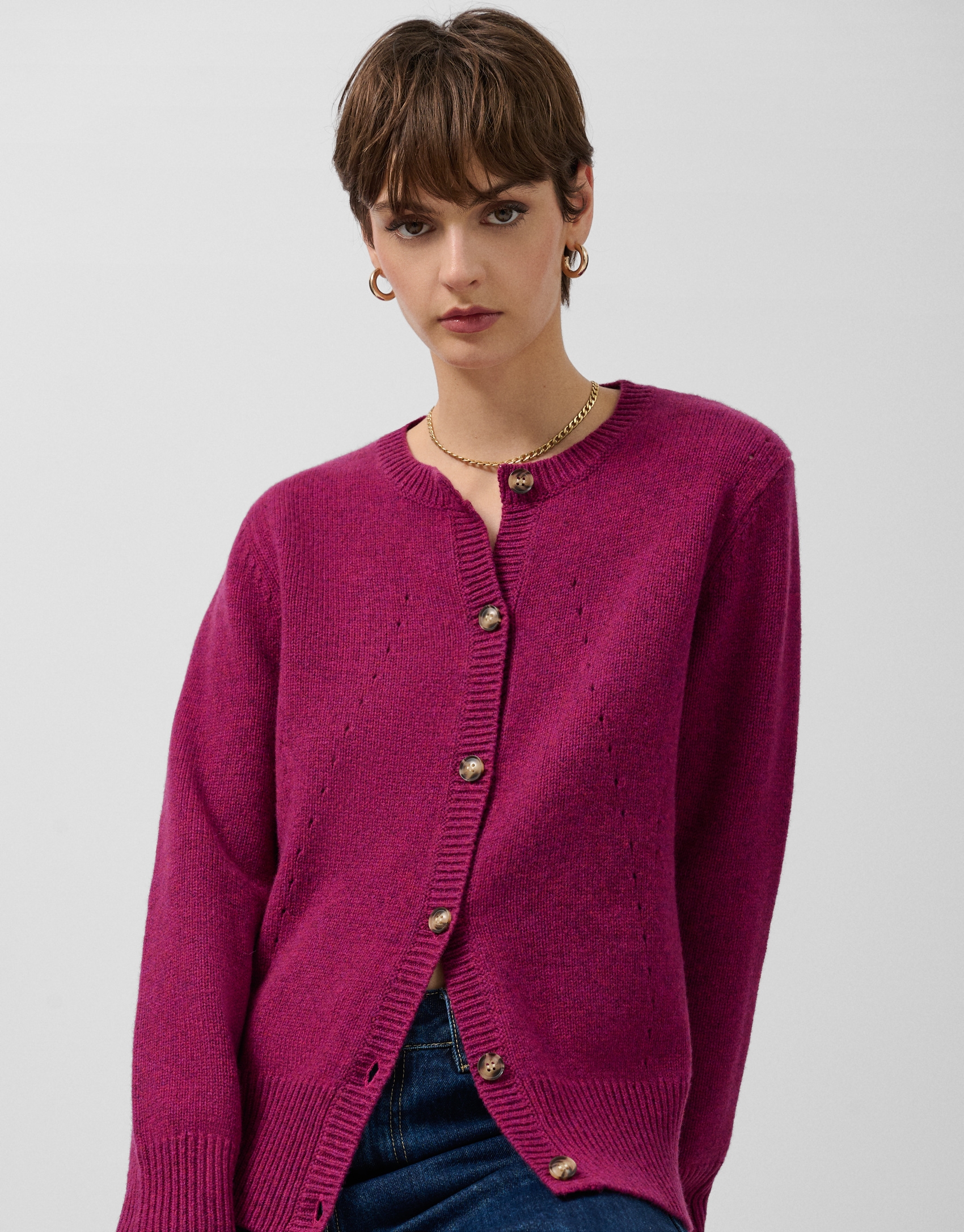 Chaqueta lana rosa con dibujos calados