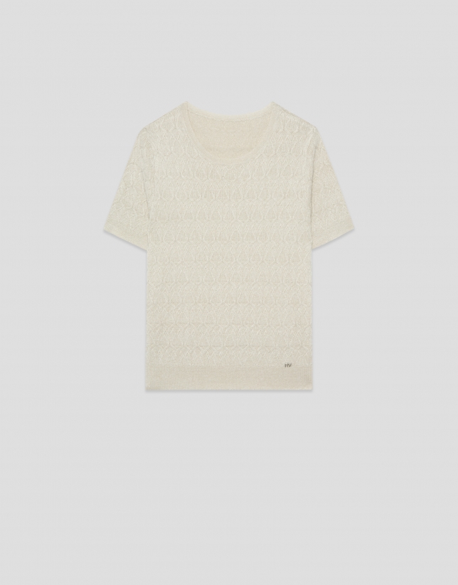 Beige fine gauge wool knit short-sleeved T-shirt
