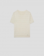 Beige fine gauge wool knit short-sleeved T-shirt