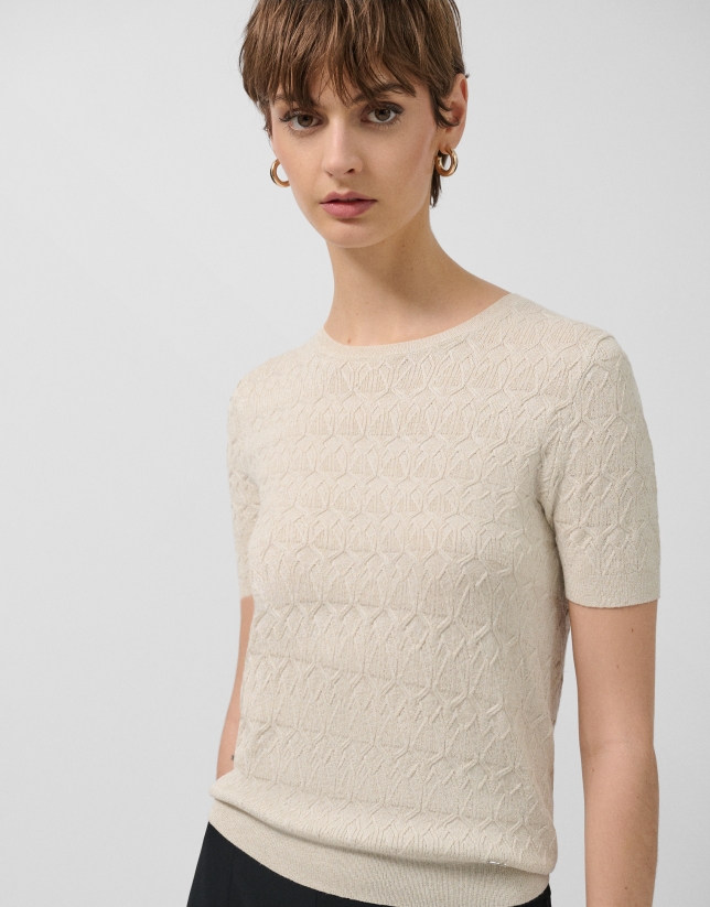 Camiseta manga corta punto lana de galga fina beige