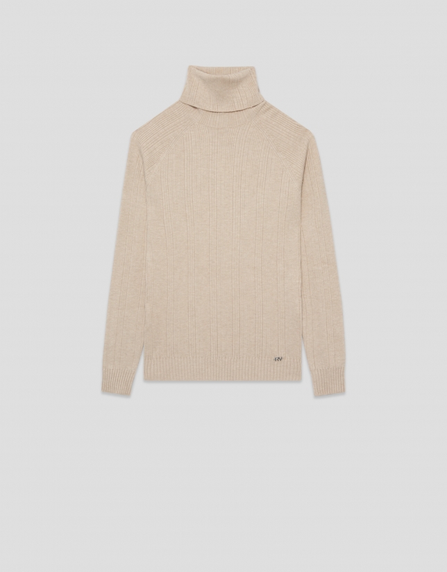 Jersey cuello subido canalé irregular beige