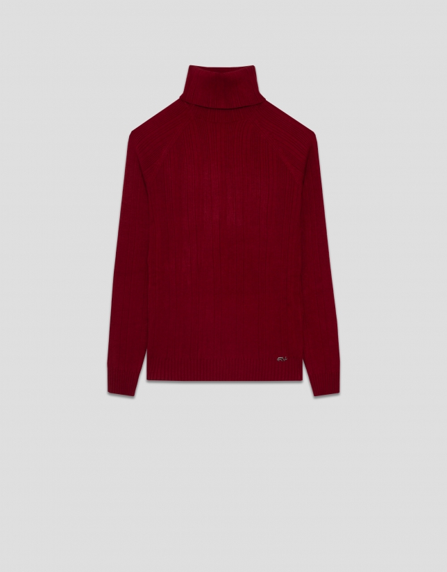 Burgundy irregular ribbed high neck sweater