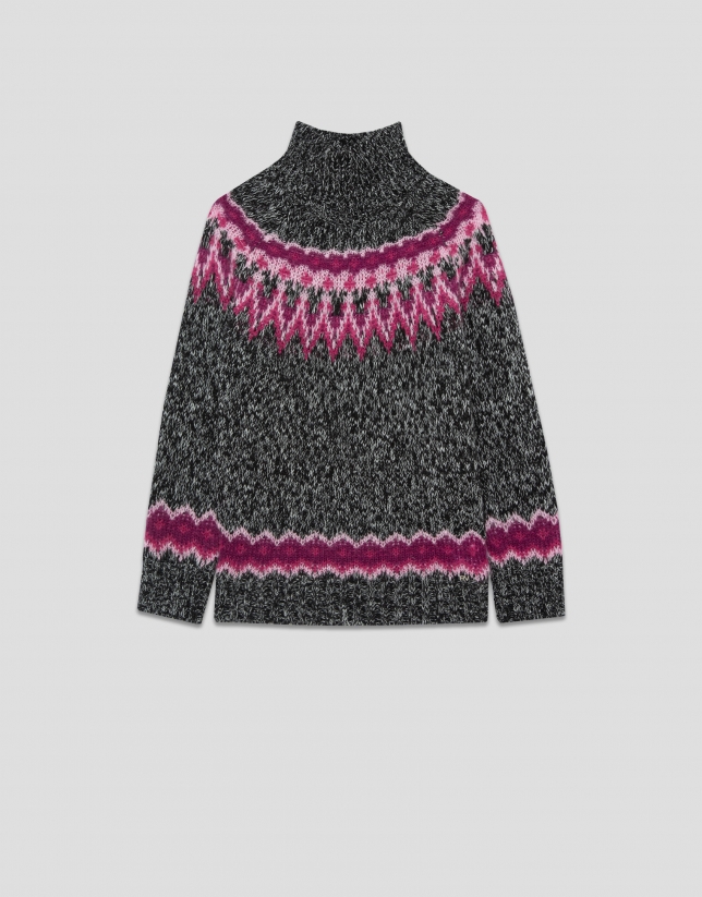 Grey high neck sweater with pink alpine design