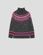 Grey high neck sweater with pink alpine design