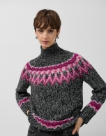 Grey high neck sweater with pink alpine design