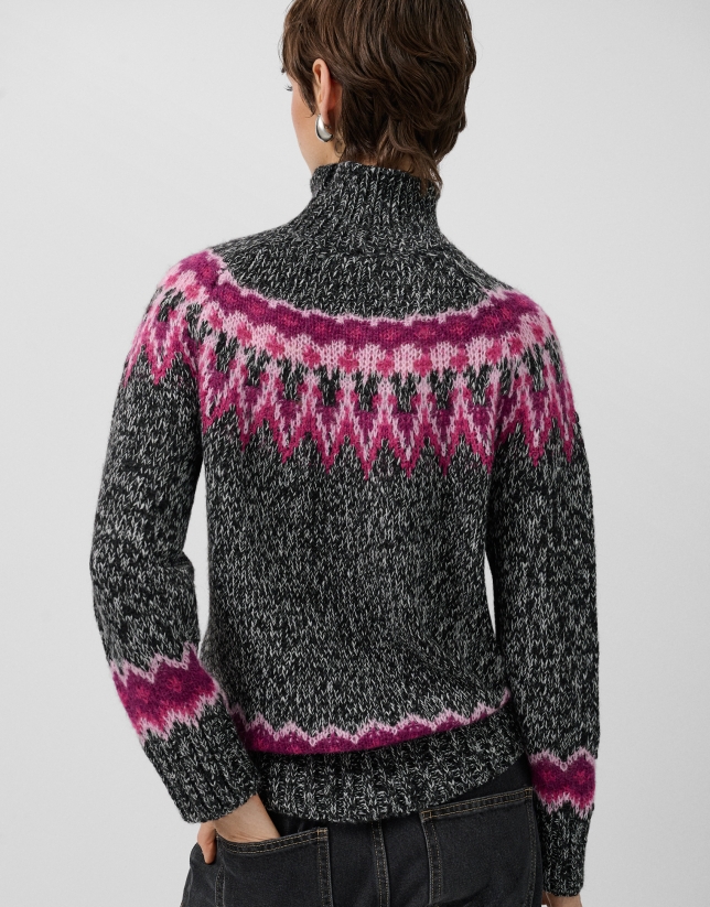 Grey high neck sweater with pink alpine design