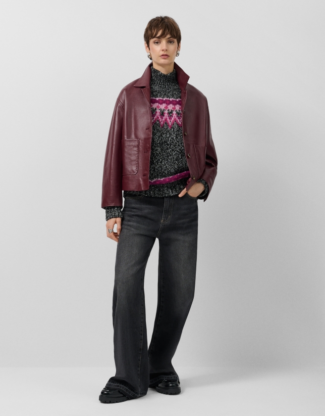 Grey high neck sweater with pink alpine design
