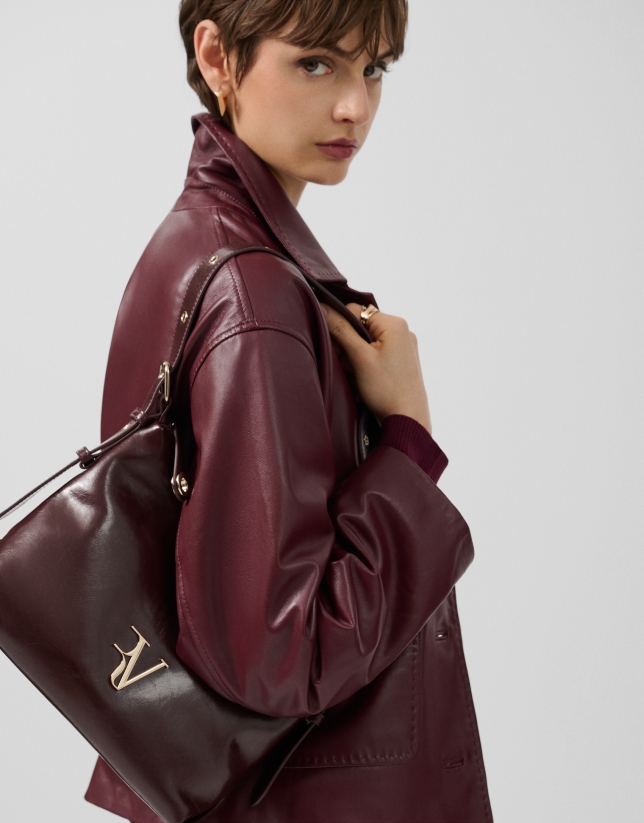 Margot Metal Midi Shoulder Bag in Burgundy Leather