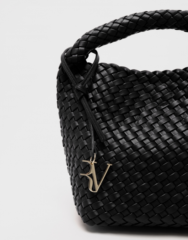 Paula Hobo Midi Handbag in Black Braided Leather
