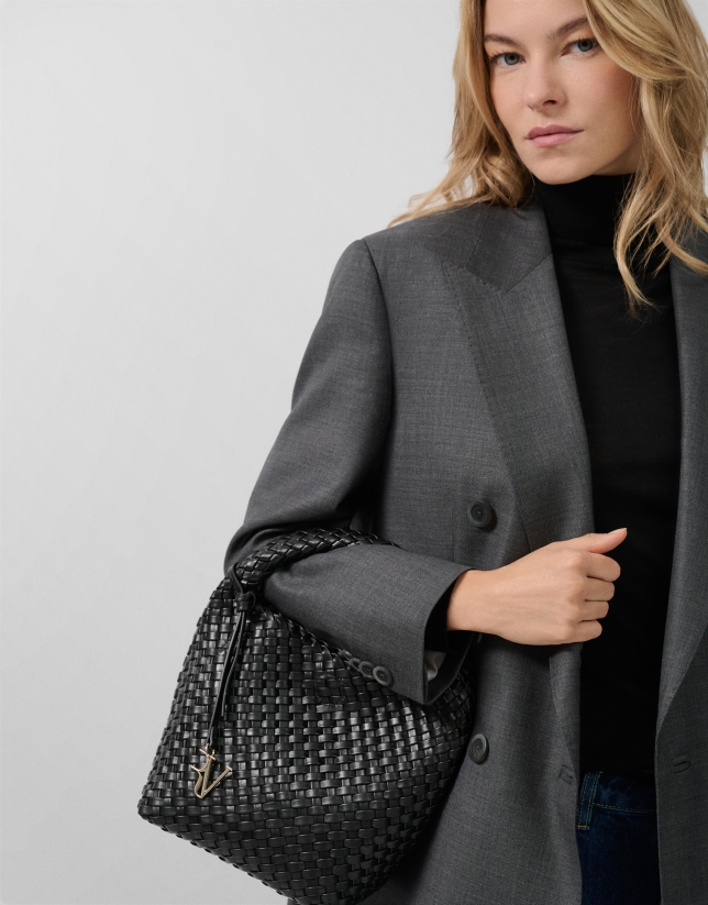 Paula Hobo Midi Handbag in Black Braided Leather