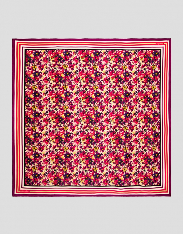 Pañuelo seda estampado flores frambuesa