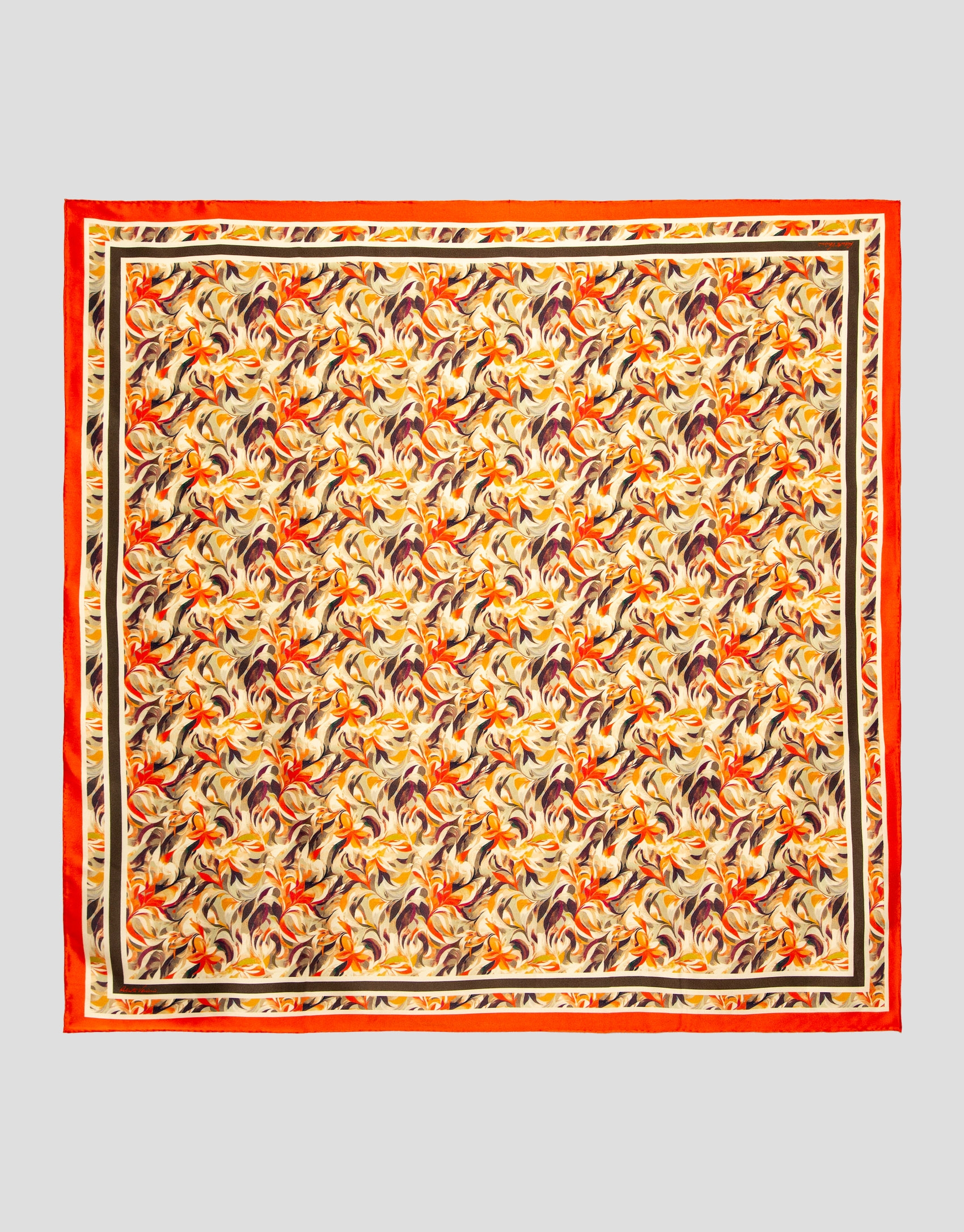 Camel and orange flower print silk scarf