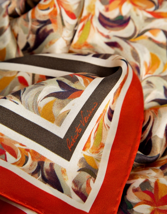 Camel and orange flower print silk scarf