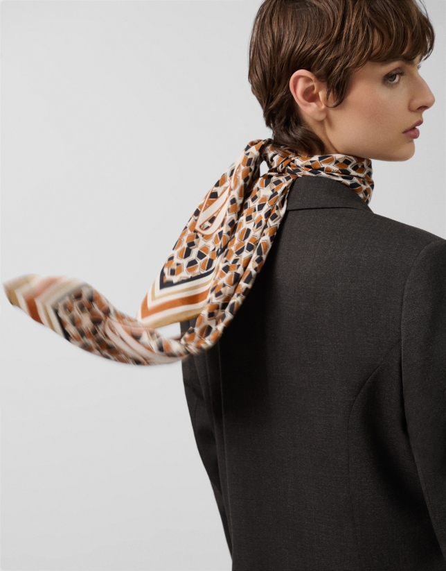 Brown and camel geometric print silk scarf