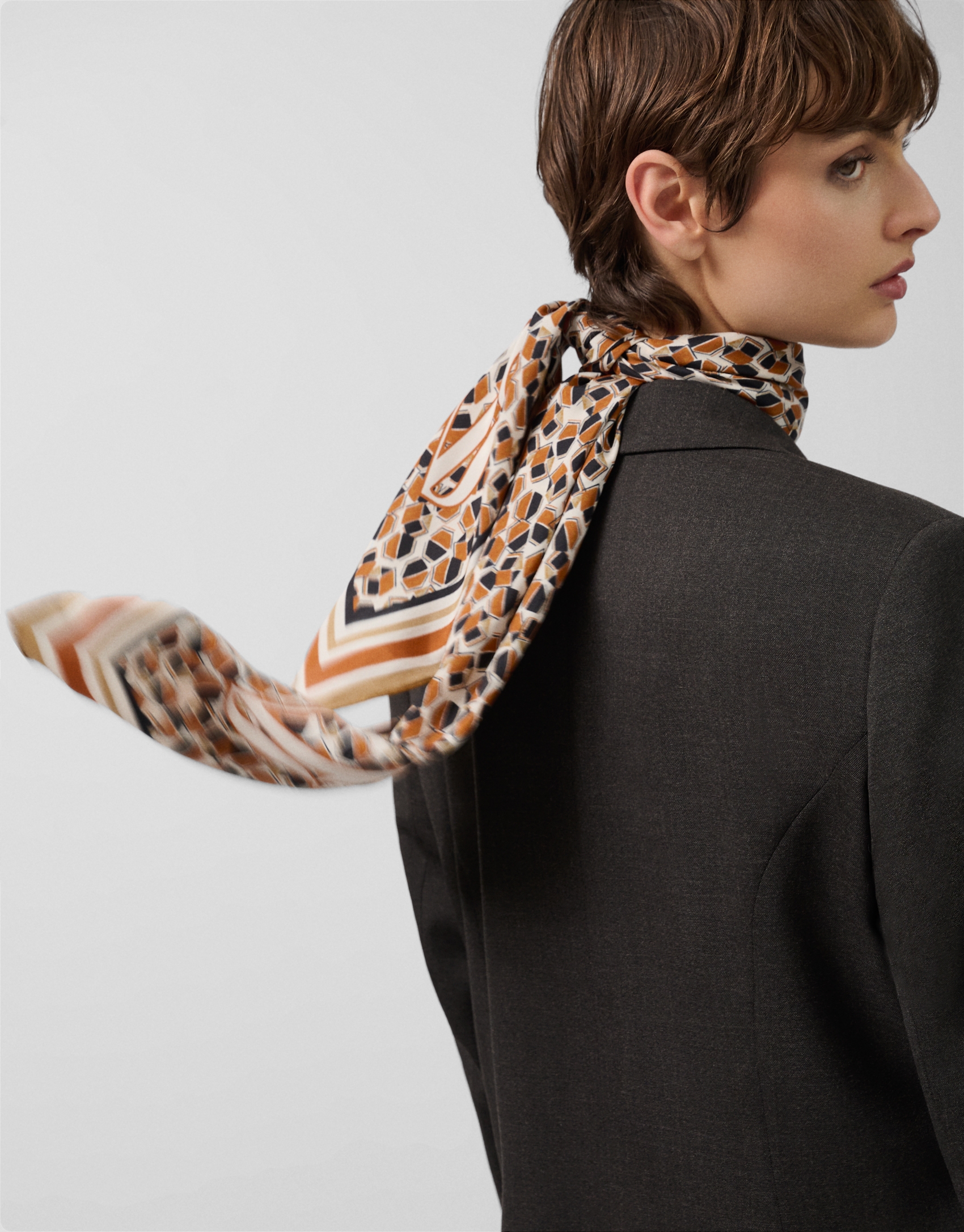Brown and camel geometric print silk scarf