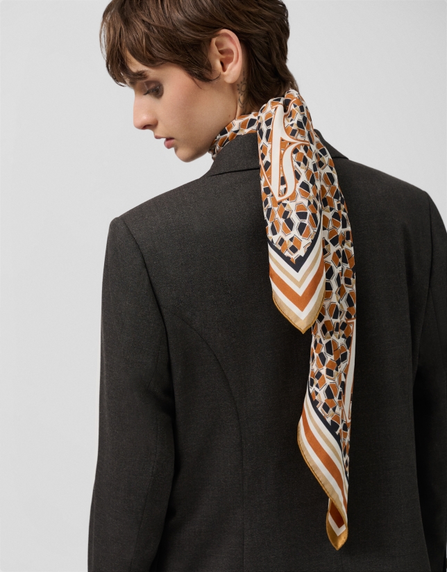 Brown and camel geometric print silk scarf