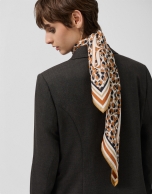 Brown and camel geometric print silk scarf