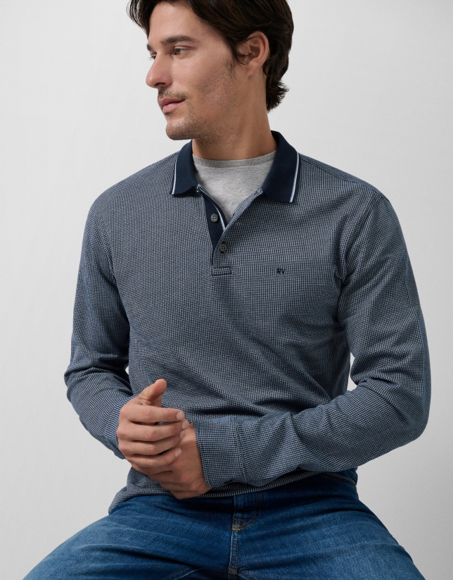 Navy/blue/white jacquard long-sleeved polo shirt