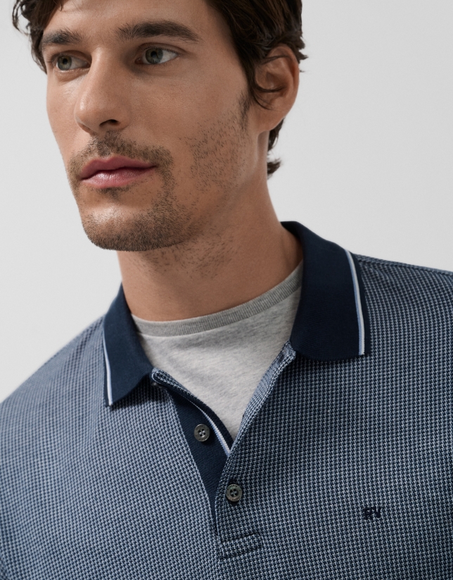 Navy/blue/white jacquard long-sleeved polo shirt