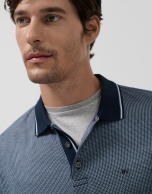 Navy/blue/white jacquard long-sleeved polo shirt