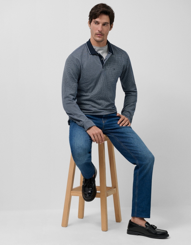 Navy/blue/white jacquard long-sleeved polo shirt