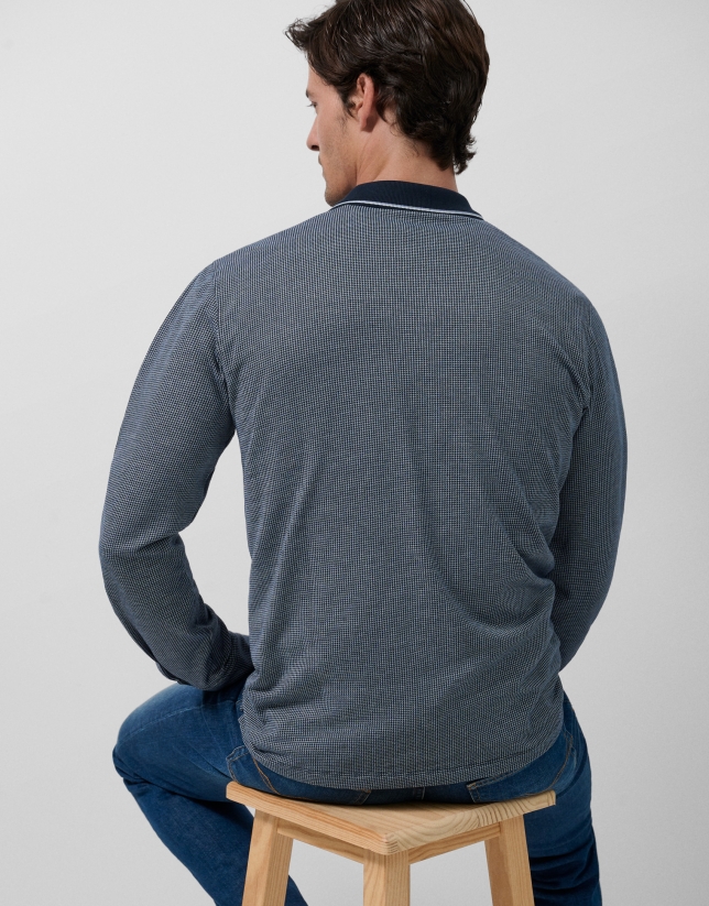 Navy/blue/white jacquard long-sleeved polo shirt
